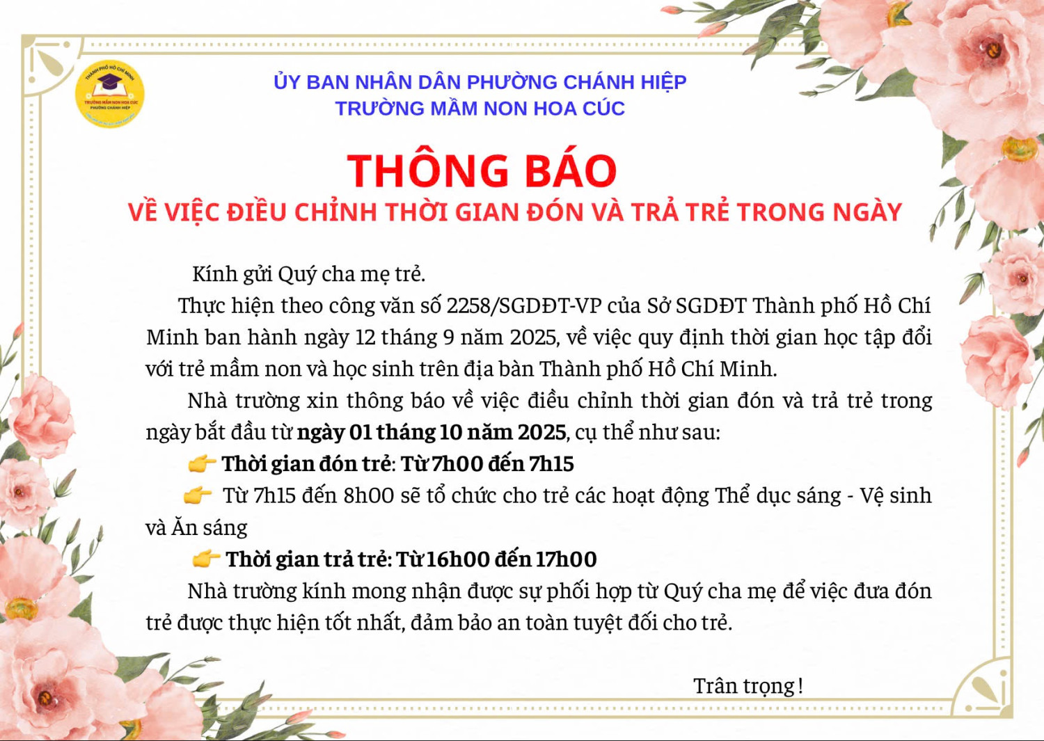 Thông báo điều chỉnh thời gian đón và trả trẻ trong ngày