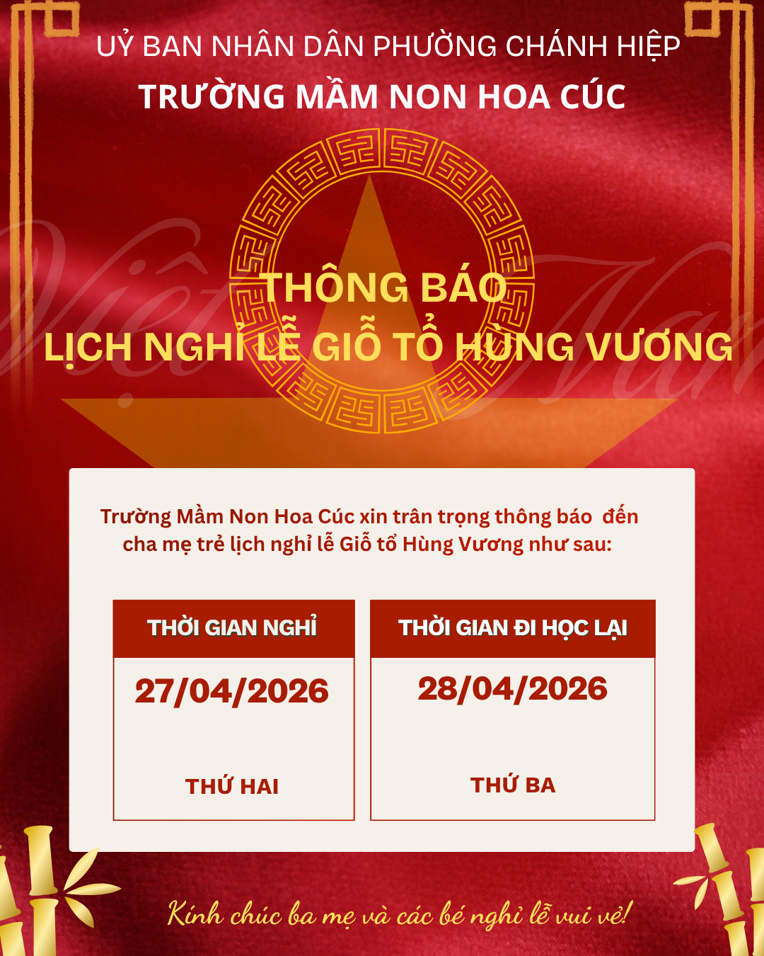 Thông báo lịch nghỉ Giỗ Tổ Hùng Vương