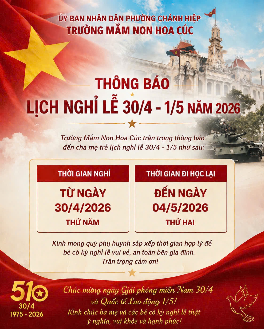 Thông báo nghỉ lễ 30/4-1/5