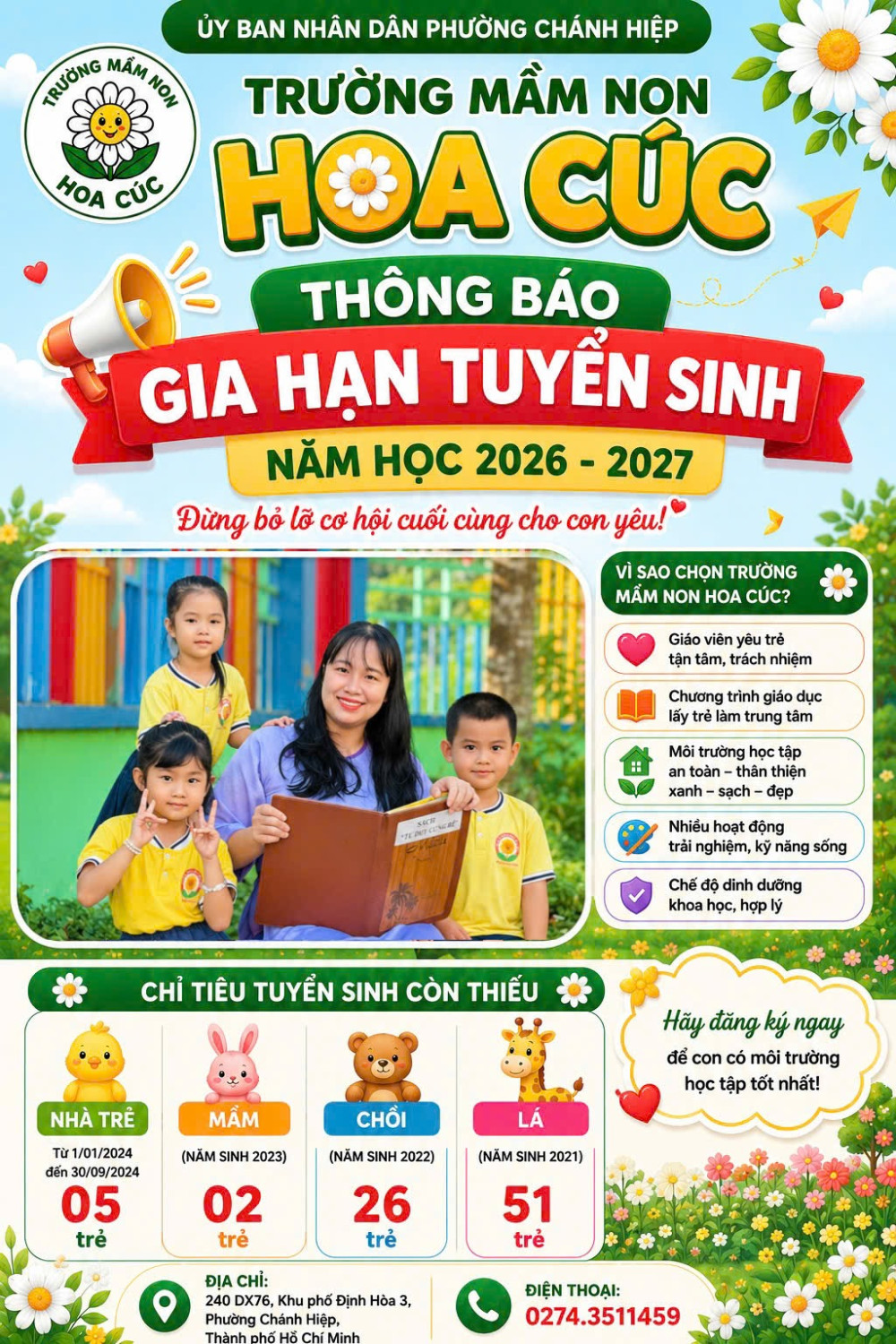 Trường mầm non Hoa Cúc thông báo gia hạn thời gian tuyển sinh