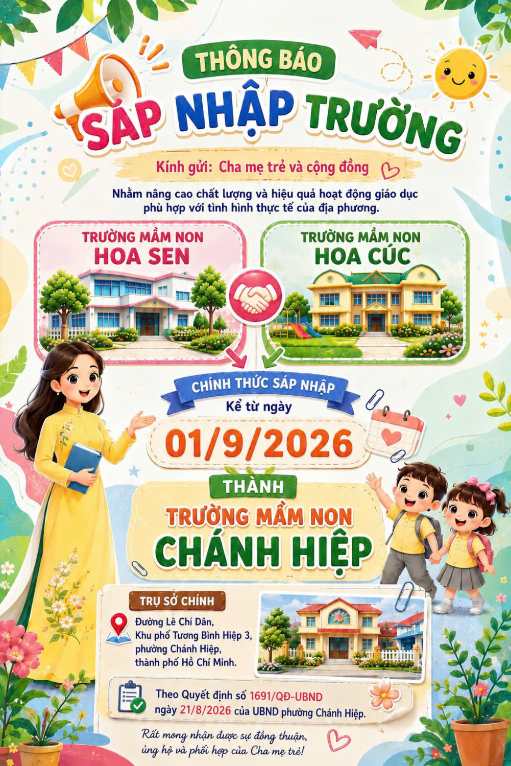 Thông báo sáp nhập trường mầm non Hoa Cúc và trường mầm non Hoa Sen